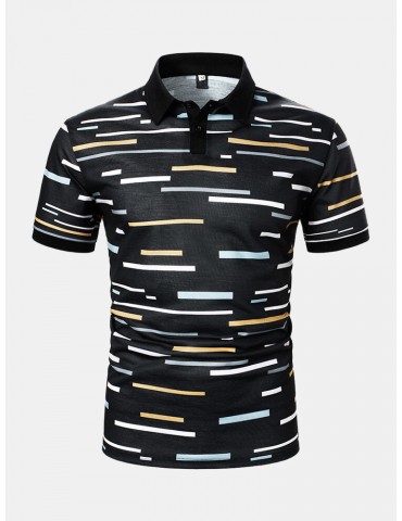 Men Allover Geometric Pattern Button Short Sleeve Business Polos Shirts