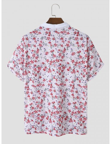 Men Ditsy Floral Print Spring Half Button Soft Casual Polos Shirts