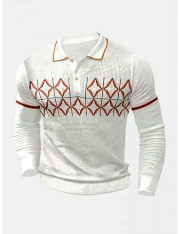 Men Geometric Patterns Long Sleeve Bodycon Hem Casual Polos Shirts