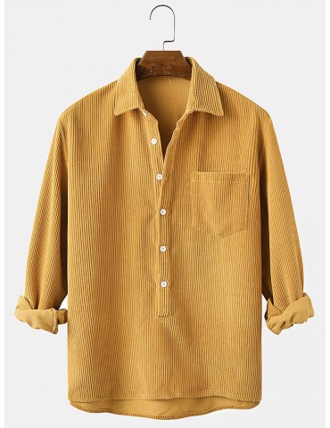 Corduroy Solid Henley Collar Chest Pocket Long Sleeve Shirts