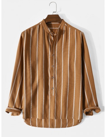 Mens 100% Cotton Striped High Low Plain Long Sleeve Henley Shirts