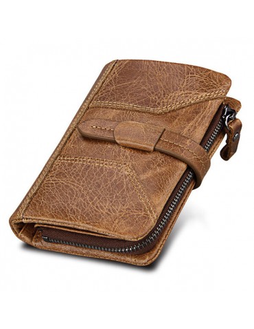 RFID Antimagnetic Retro Genuine Leather Removable Zipper Pocket Trifold Wallet For Men