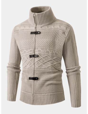 Men Cable Knitted Textured Buckle High Neck Solid Front Zipper Outdoor Sweaters