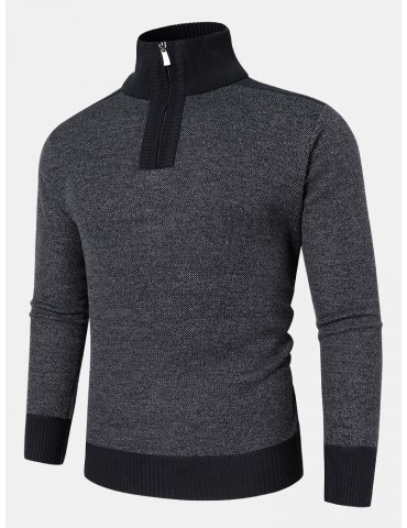 Men Knit Pure Solid Pullover Zip Stand Collar Velvets Warm Sweater