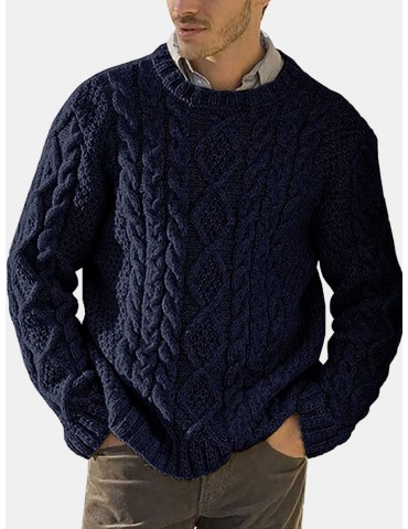 Men Solid Cable Knit Round Neck Casual Pullover Sweaters