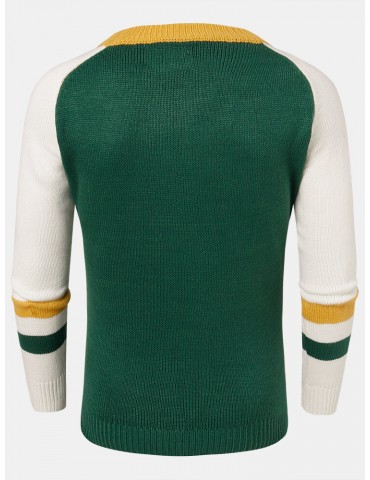 Mens Color Block Letter Embroidery Crew Neck Knitted Pullover Sweaters