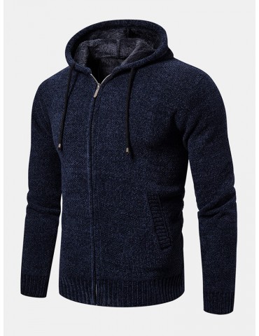 Mens Knitted Zipper Front Solid Color Warm Long Sleeve Hooded Sweater Hoodie Jacket