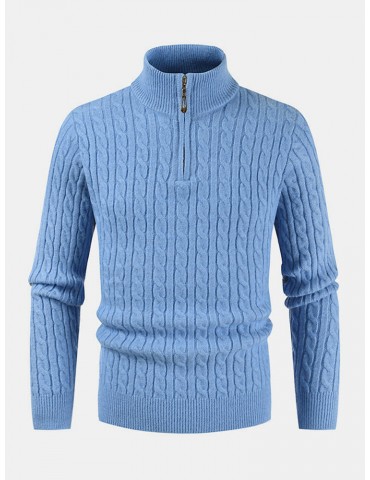 Mens Solid Color Twist Knit Half Zipper High Neck Winter Warm Sweater