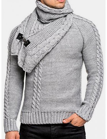 Mens Warm Solid Color Round Neck Long Sleeve Knitted Sweaters With Scarf